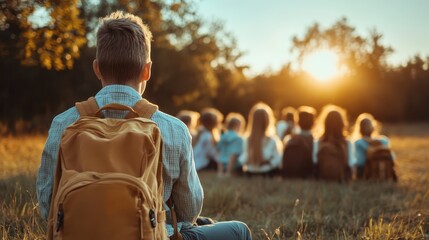 A young boy with a backpack sits on grass, facing a group of students in the distance against a backdrop of a golden sunset, signifying learning and exploration.