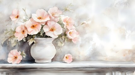 Watercolor Artistic using soft, brushy watercolor strokes, Soft Color, Single object picture - a small ceramic vase filled with soft pink flowers sitting on a mantelpiece