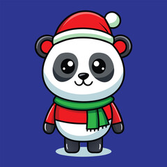 Cute Christmas Panda with Santa Hat and Green Scarf Cartoon Illustration, Holiday Panda in Santa Hat 