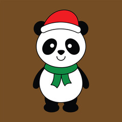 Cute Christmas Panda with Santa Hat and Green Scarf Cartoon Illustration, Holiday Panda in Santa Hat 