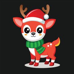 Christmas Cute Adorable Cartoon Reindeer In Festive Holiday Designs, Illustration of a Cute Christmas Reindeer in Festive Costume