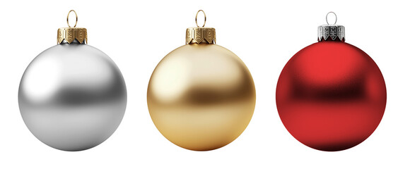  Set of colored Christmas tree balls.  gold, silver, red, Christmas balls, Empty Christmas decorations, mockup.  on isolated white background 