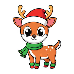 Christmas Cute Adorable Cartoon Reindeer In Festive Holiday Designs, Illustration of a Cute Christmas Reindeer in Festive Costume