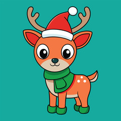 Christmas Cute Adorable Cartoon Reindeer In Festive Holiday Designs, Illustration of a Cute Christmas Reindeer in Festive Costume