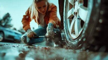 A woman in a brown hoodie is kneeling next to a car and fixing a tire surrounded by muddy water, with focus on the wet tire and water splashes. - Powered by Adobe