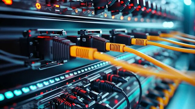 Detailed view of multicolored network cables, each connected securely with yellow connectors into a high-tech server panel