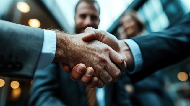 Business professionals shake hands, sealing a successful agreement or partnership, with other businesspeople blurred in the background, symbolizing mutual respect.