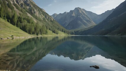 Mountain lake with calm mirrorlike reflections