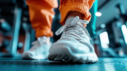 Detailed view of athletic shoes on a treadmill captures the essence of a workout environment, reflecting energy, movement, and the pursuit of fitness and balance.