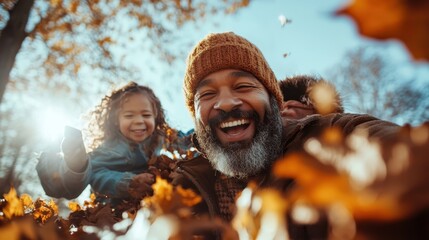 A cheerful family enjoys a playful day among fallen leaves at the park, with their sense of joyful togetherness beautifully embodied in the surrounding autumn scenery.