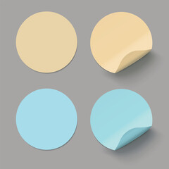 Vector set of color realistic round paper adhesive stickers with curved corner on transparent background.