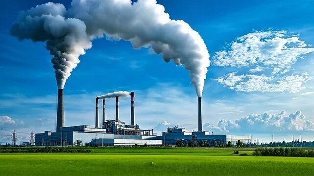 Two towering facilities stand side by side a coal-powered incinerator belching smoke into the air next to a hydrogen-powered waste plant