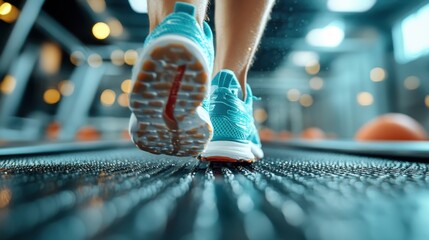 An individual energetically exercises on a treadmill wearing stylish blue sneakers, symbolizing health, vitality, and the energetic approach to physical fitness.
