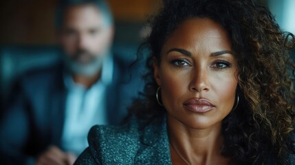 A confident woman in focus while another figure, presumably business-related, sits blurred in the background, symbolizing leadership and professional presence.