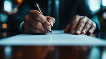 A close-up of hands elegantly using a classic pen to sign an official document, symbolizing agreement and commitment in a professional setting.