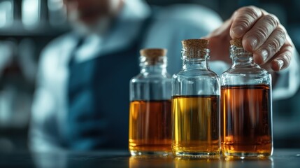 Three bottles filled with amber liquid sit under soft lighting, creating an impression of an apothecary or an alchemical setting full of mystery and discovery.