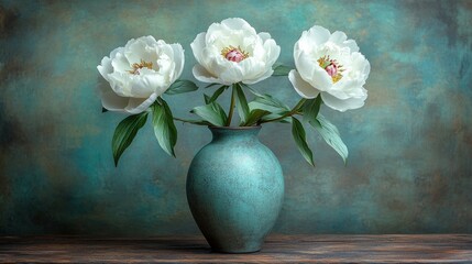 Obraz premium oft white peonies, positioned on a wooden table