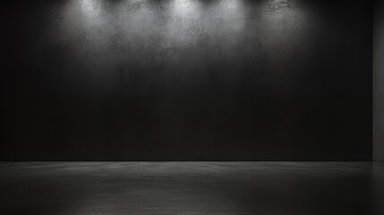 スポットライトのあたるコンクリートの誰もいないなブラックルーム　ステージ　背景素材 | Simple Black Room with Subtle Lighting