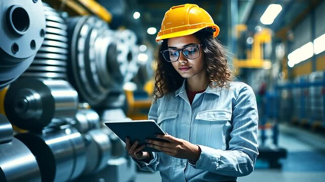 A mixed-race female apprentice at an industrial plant, inspecting large machinery components with a digital tablet