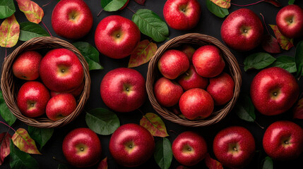 Fresh red apples are artfully arranged in baskets surrounded by green leaves and autumn foliage, creating a vibrant, seasonal display.
