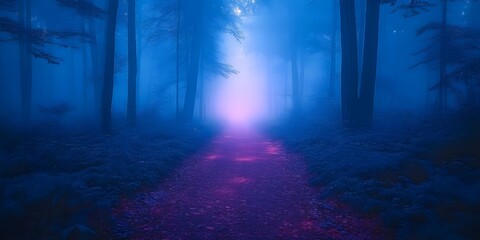 Obraz premium dreamed forest path at dawn A mystical forest path bathed in soft morning light, with wisps of mist floating between the trees.
