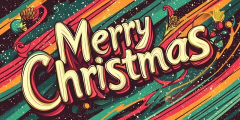 Obraz premium Merry Christmas text on a colorful striped background, in a retro style. 