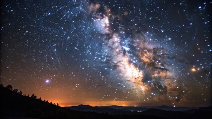 Obraz premium Vivid Night Sky Silhouette with Radiant Stars and Constellation in Orange and Blue Hues