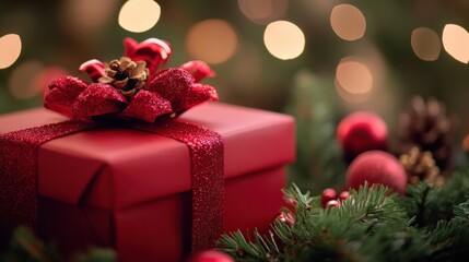 Obraz premium Charming red gift box beautifully wrapped, joy of giving and celebration for birthdays, holidays, special occasions.