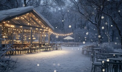 Fototapeta premium A cozy restaurant in a snowy landscape, illuminated by warm lights for a winter ambiance.