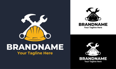 Construction & Handyman Logo with Helmet and Tools for Safety and Craftsmanship Branding