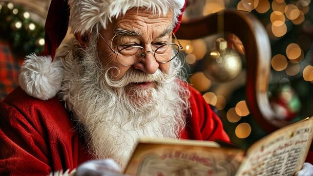 This Santa Claus thoughtfully reads a letter in a festive, warmly lit room adorned for Christmas.