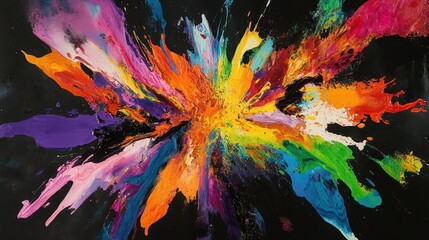 Explosion of vibrant colors on a black background, intense contrast between bold hues and the dark backdrop