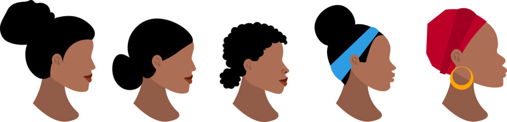 Women's hairstyles. Dark-skinned women with dark hair. Female heads in profile isolated on white background.