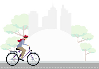 Vector people. Male character. Man on a bicycle against the backdrop of city buildings. Modern man with light skin.