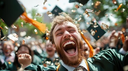 Cheerful graduates emit exuberance as they toss their caps and let confetti rain, capturing the euphoria of achievement and camaraderie on a sunny day.