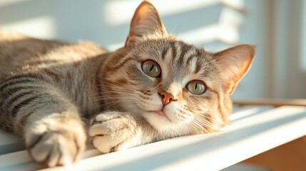 A relaxed tabby cat lounges in a warm sunbeam at home, enjoying a peaceful moment. The setting highlights the serene atmosphere and the cat's calm demeanor.