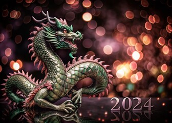 Obraz premium Watercolor Pattern of Green Dragon with 2024 for Chinese New Year Celebrations