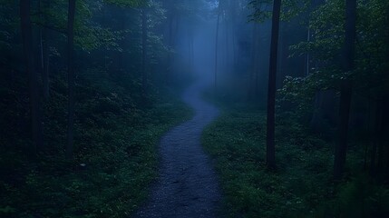Obraz premium dreamed forest path at dawn A mystical forest path bathed in soft morning light, with wisps of mist floating between the trees.