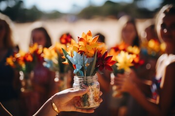 A group of people holding colorful flower bouquets in jars during a sunny outdoor gathering.