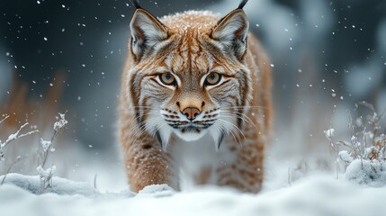Obraz premium A lynx prowls through a snowy landscape, showcasing its natural beauty.