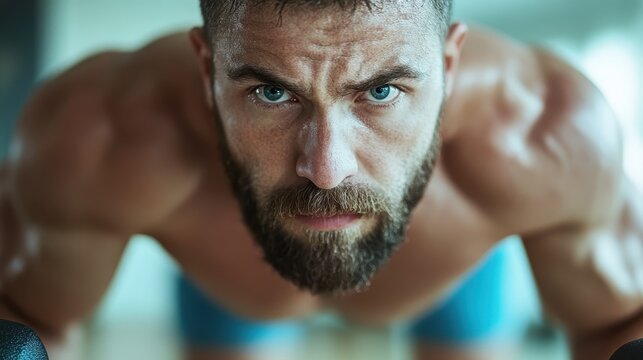 A close-up of a muscular man focusing intensely during a workout, highlighting his facial expression and dedication in a vividly detailed gym environment.