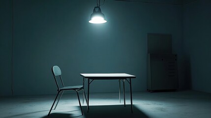 Dark interrogation room with a single light and a single simple chair next to a table