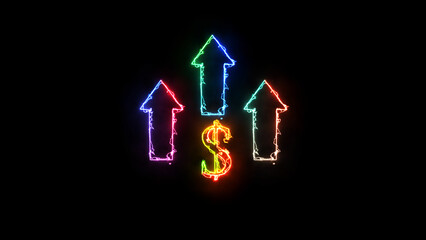 Glowing neon line of dollar sign icon and up arrow isolated on black  background. Money, profit, investment, growth business, economy, finance and success concept.