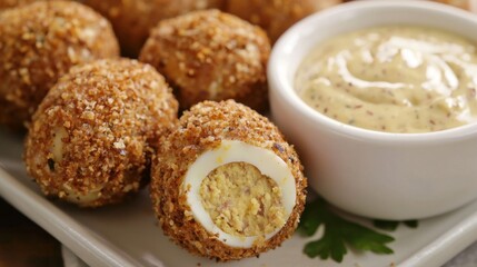 Scotch Eggs with Mustard Dip - hard-boiled eggs wrapped in sausage and breadcrumbs