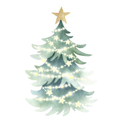 Christmas tree with festive golden star decoration on top and shining garland lights. Hand drawn watercolor isolated illustration for Happy New Year greeting cards, festive packaging and designs.