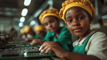 Young girls, dressed in green uniforms with yellow headbands, are engaged in an electronics workshop, highlighting teamwork and dedication in a structured learning environment.