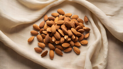 A pile of raw almonds with their brown skins intact, spread across a light.