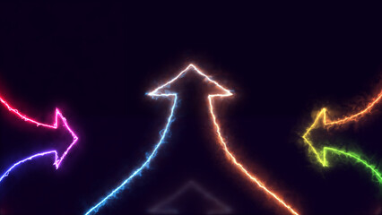 3d render, abstract minimalist geometric background. Colorful neon ascending Up arrow, linear sign