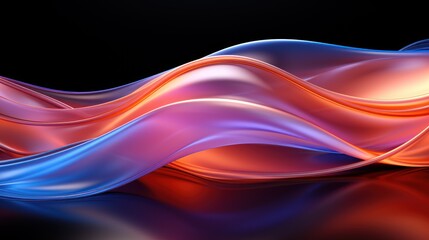 Vibrant abstract waves in blue and orange hues create a dynamic visual flow on a dark background.