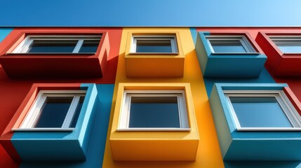 A bold architectural piece, showcasing a vibrant array of colors on a building facade with protruding square windows, mixing modern style with playful creativity.